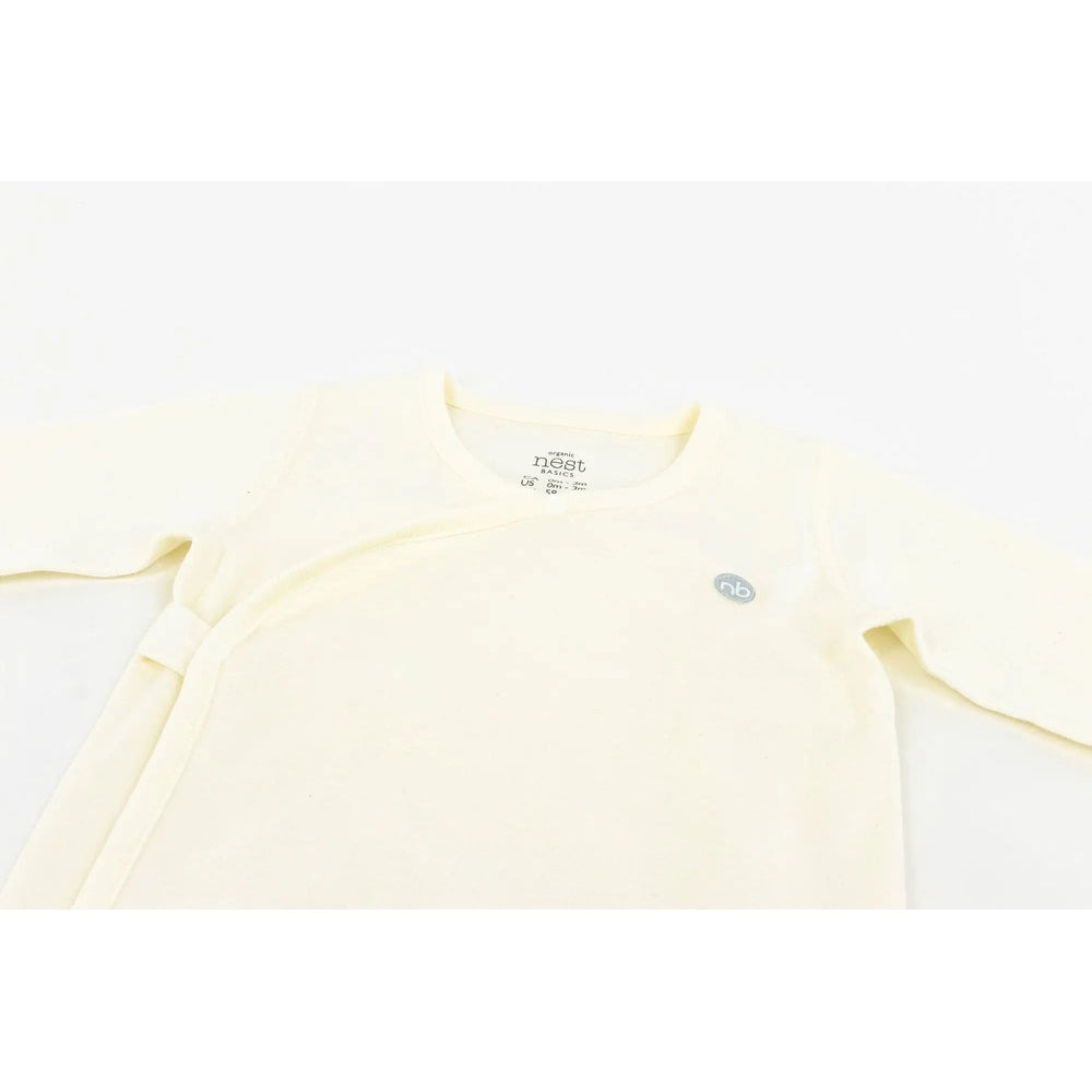 Nest Designs Basics Organic Cotton Ribbed Kimono Long Sleeve Onesie, white—3-pack, showing wrap-style front with side ties.