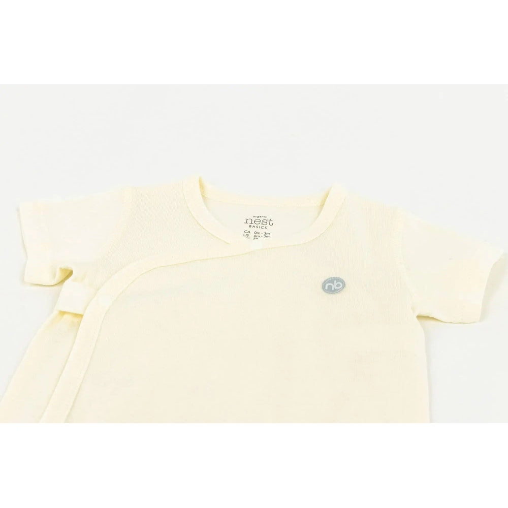 Nest Designs Basics Organic Cotton Ribbed Kimono Short-Sleeve Onesie 3-Pack, white, shown laid flat with wrap-front opening.