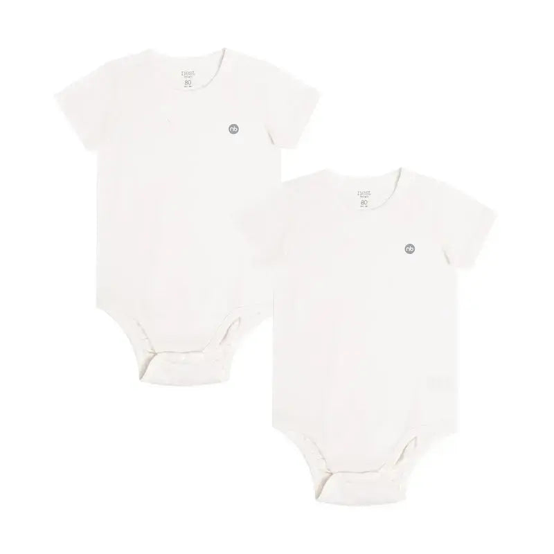 Nest Designs Basics Organic Cotton Ribbed Short Sleeve Onesie White 2-pack; two soft ribbed bodysuits laid flat.