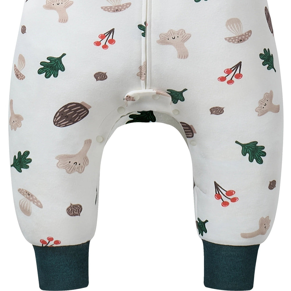 Nest Designs cotton long-sleeve footed sleep bag Forest Forage pattern, white with woodland prints and teal cuffs