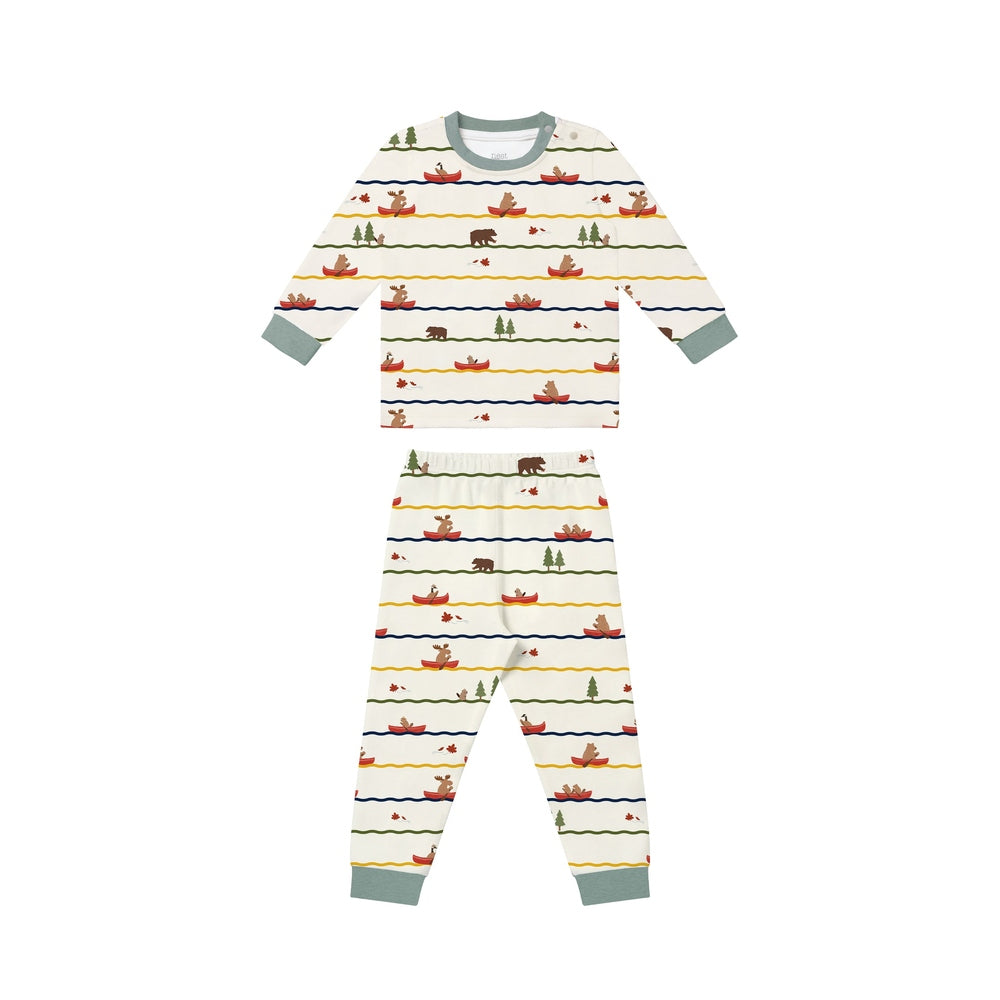 Nest Designs Long Sleeve Pj Set Canoe Do It, cream pajama set with striped canoes and trees; sage cuffs.