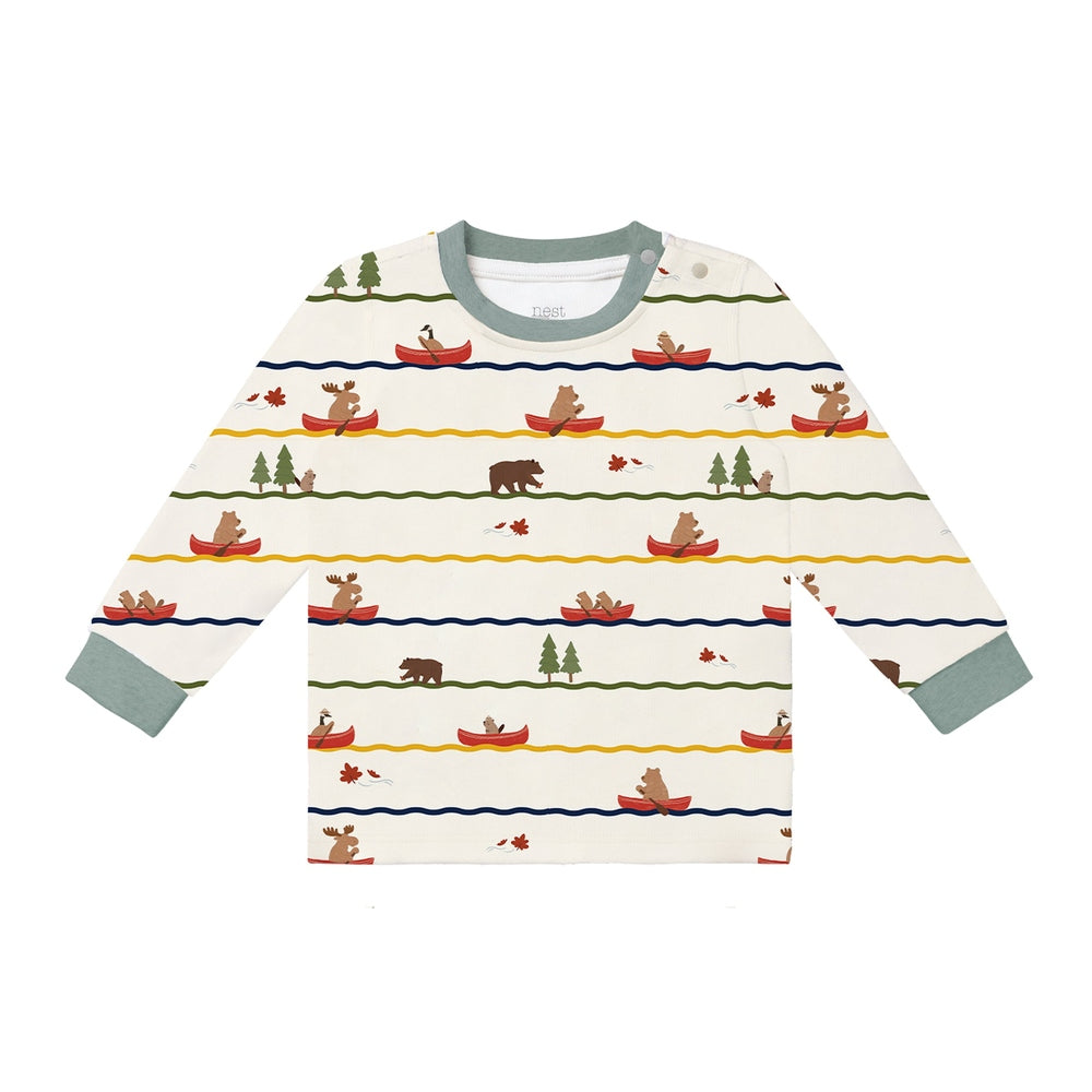 Nest Designs Canoe Do It long-sleeve pajama set in cream with colorful canoe motifs and ribbed cuffs.