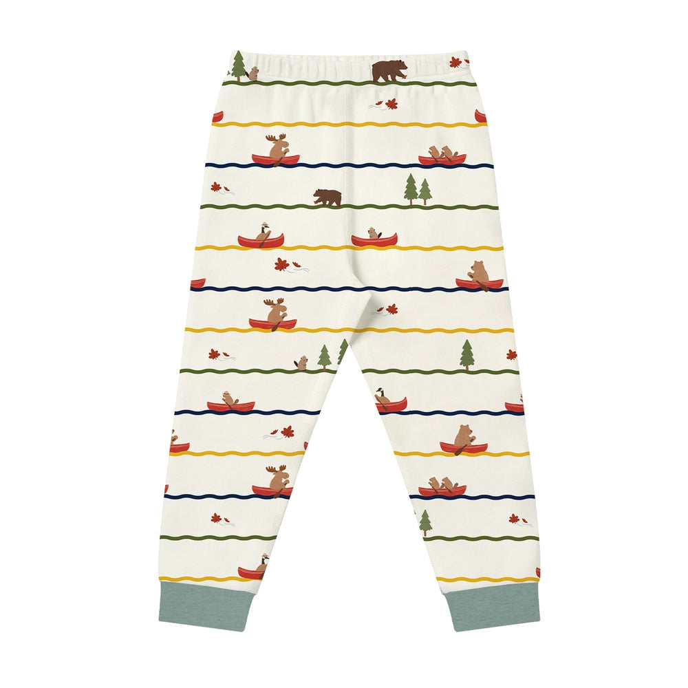 Nest Designs Long Sleeve Pj Set Canoe Do It; white PJ set with striped waves and bears paddling in canoes.
