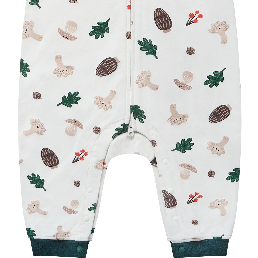 Nest Designs Forest Forage baby romper, white with green leaves and brown mushrooms, long sleeves, snap closures