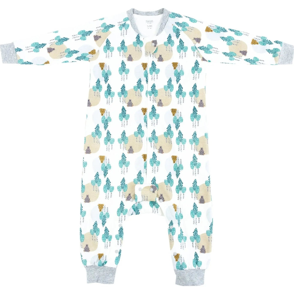 Nest Designs Organic Cotton Long Sleeve Sleep Suit 1.0 Tog Where's The Bear, white with teal trees and beige bears, zipper-front.