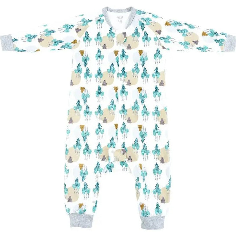 Nest Designs Organic Cotton Long Sleeve Sleep Suit 1.0 Tog where's the bear, white with teal trees and bears, laid flat