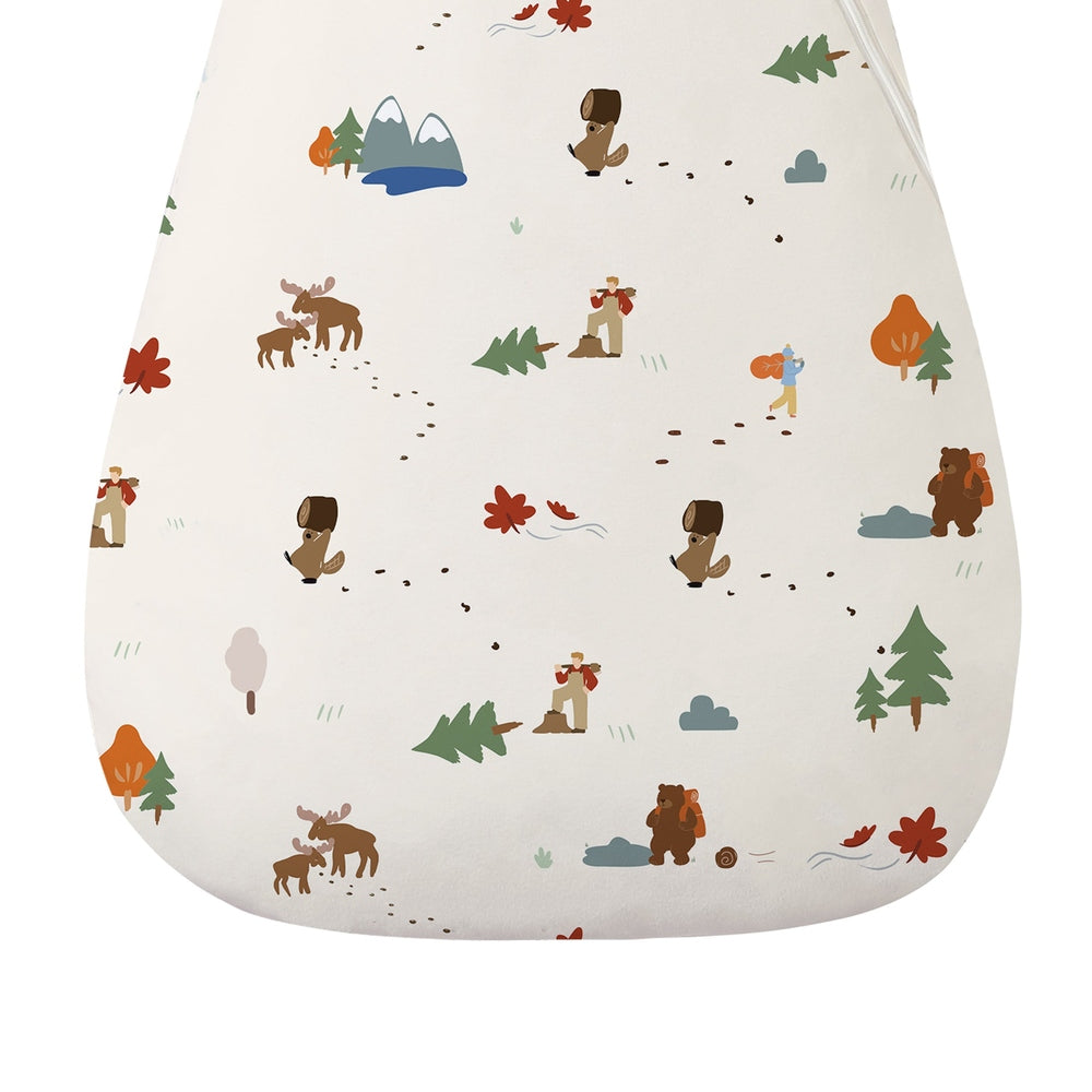 Nest Designs Organic Cotton Removable Sleeve Sleep Bag 1.0 Tog (6M-18M) cream with woodland animals, sleeves shown removable.