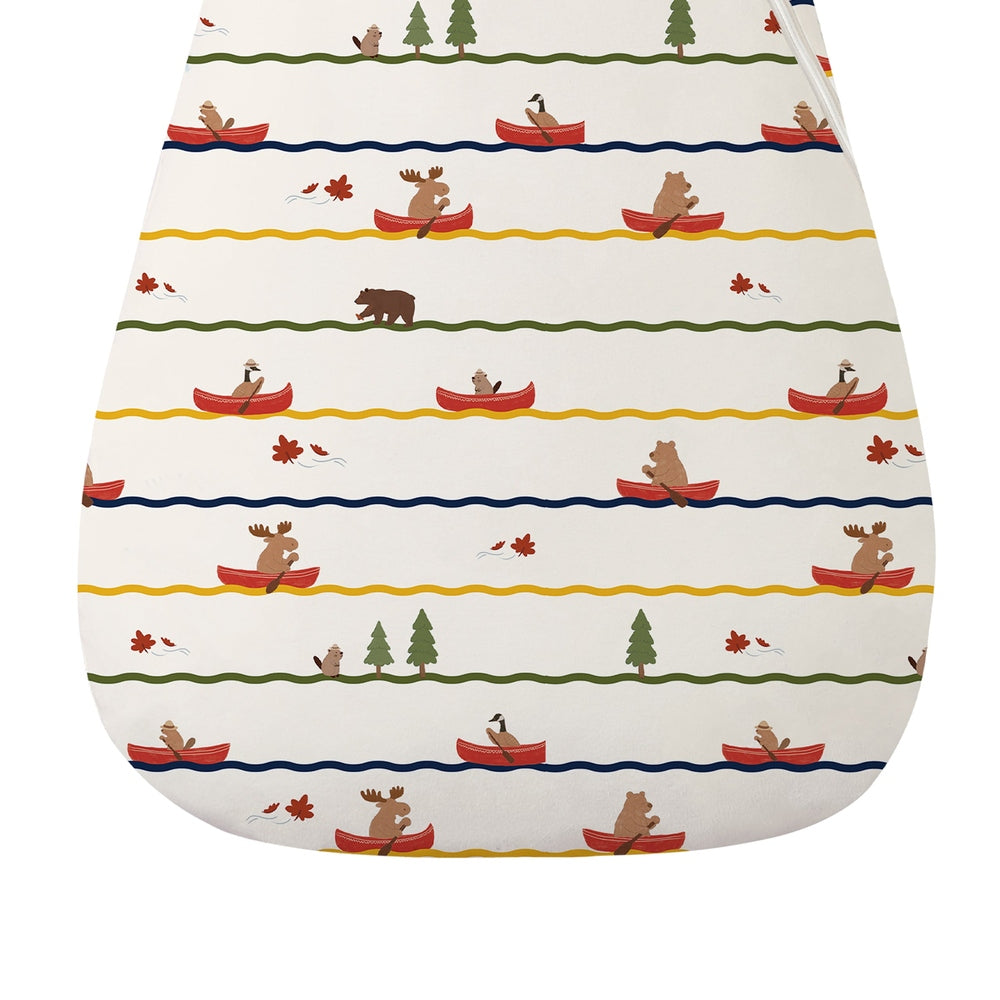 Nest Designs Organic Cotton Removable Sleeve Sleep Bag 1.0 Tog in white with colorful canoe and forest stripes, bears in boats.
