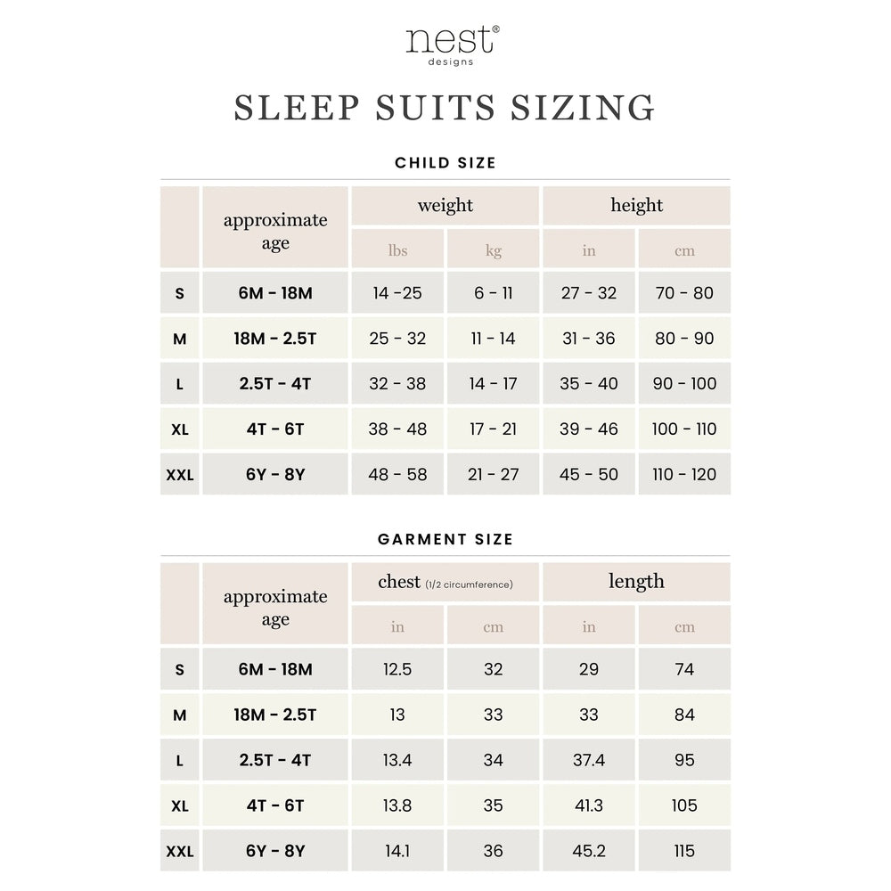 Nest Designs Raglan Bamboo Pima Short Sleeve Sleep Suit 0.6 Tog; child size chart shows weight/height ranges S–XXL.