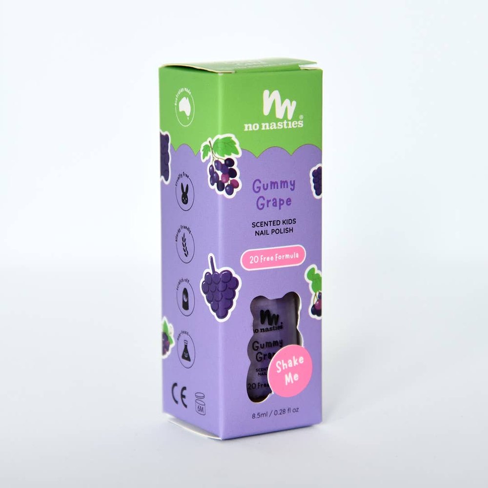 No Nasties Kids 20 Free Water-Based Scented Nail Polish box, purple grape design, 8.5 ml