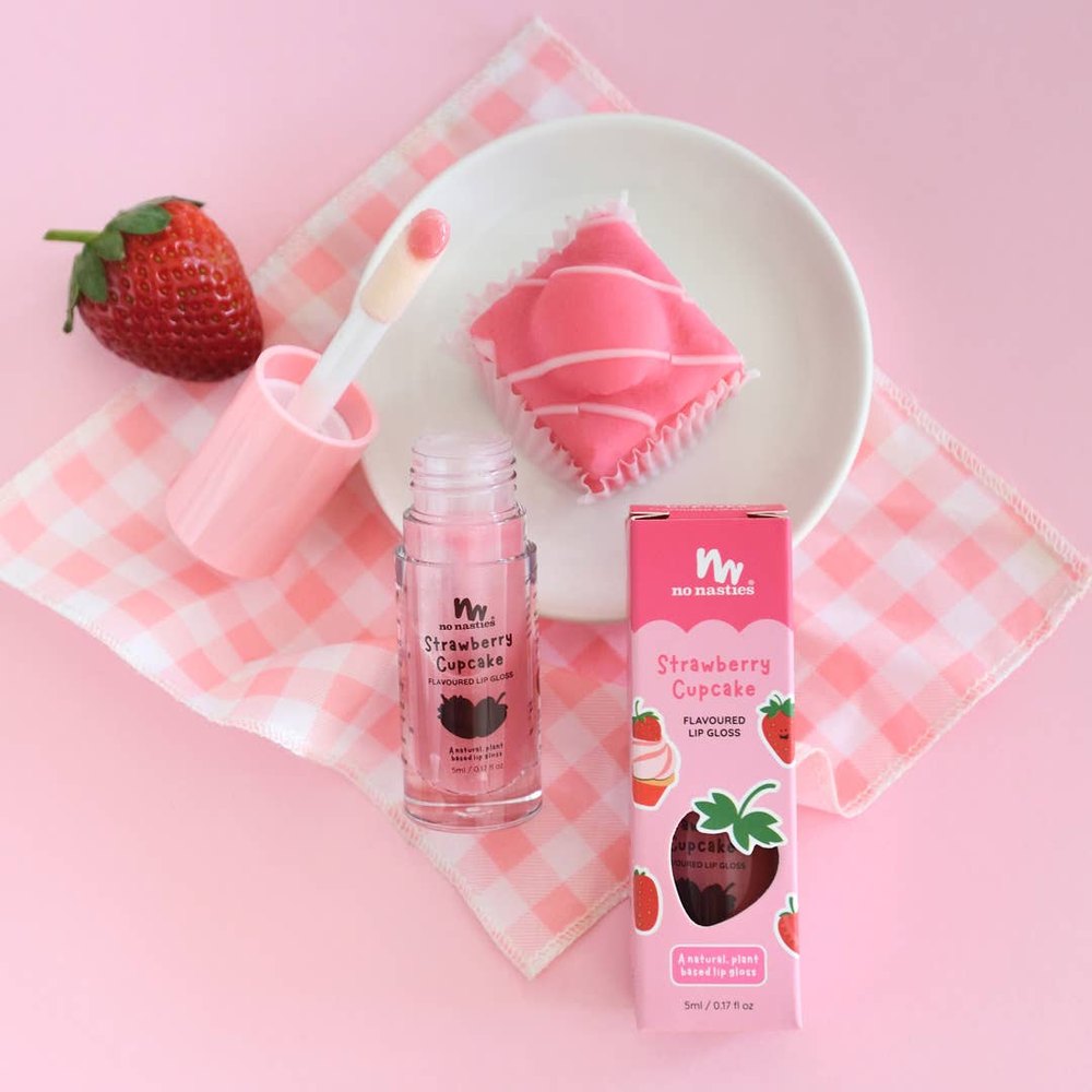 No Nasties Kids Strawberry Cupcake lip gloss set; pink bottle and matching pink packaging.