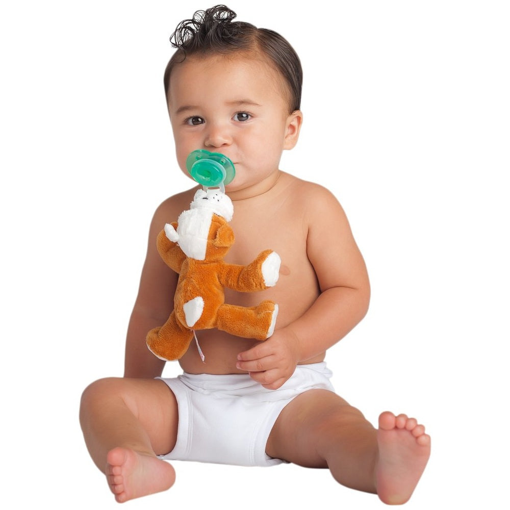 Nookums Paci-Plushies Barkley Bull Dog Shakies pacifier held by a baby clutching the orange-brown plush dog.