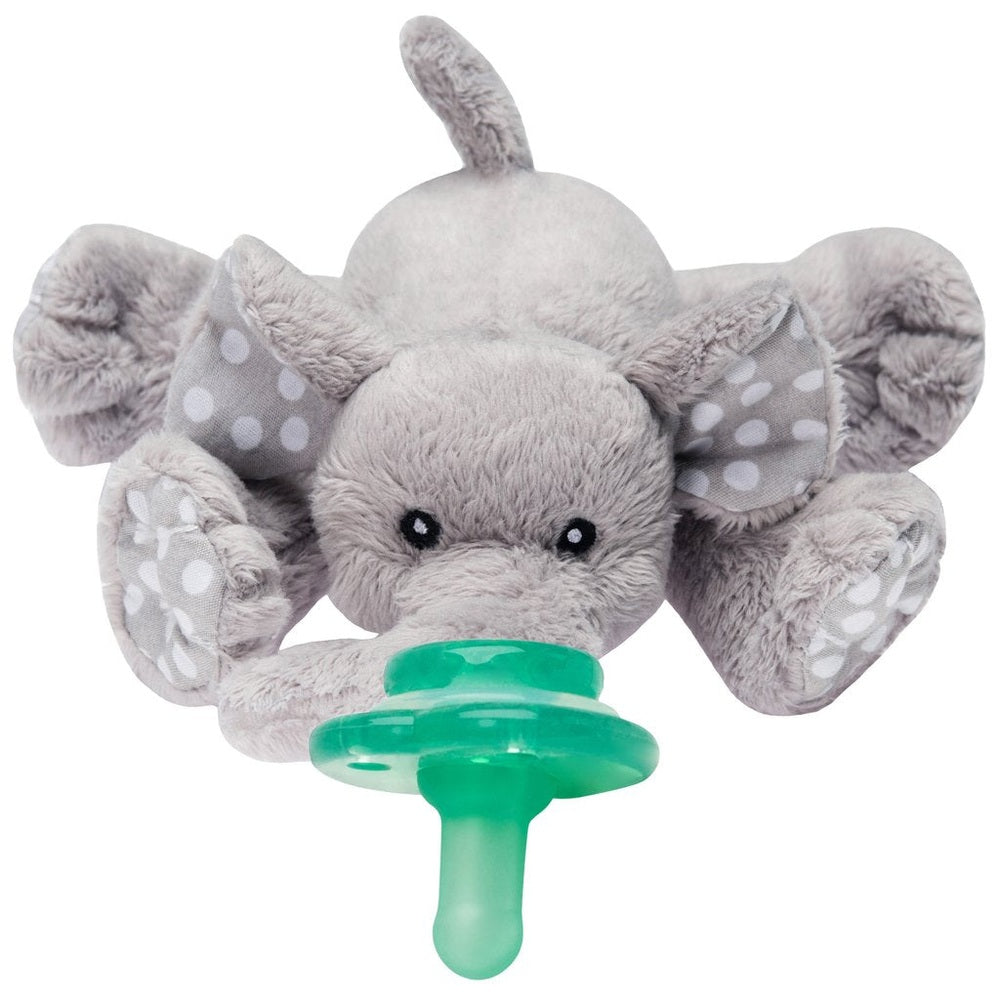 Nookums Paci-Plushies Ella Elephant Buddies plush elephant with mint-green pacifier held by the trunk.