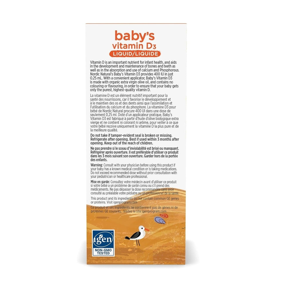 Nordic Naturals Baby's Vitamin D3 liquid box, 22.5 ml, orange bottom design with IGEN Non-GMO logo