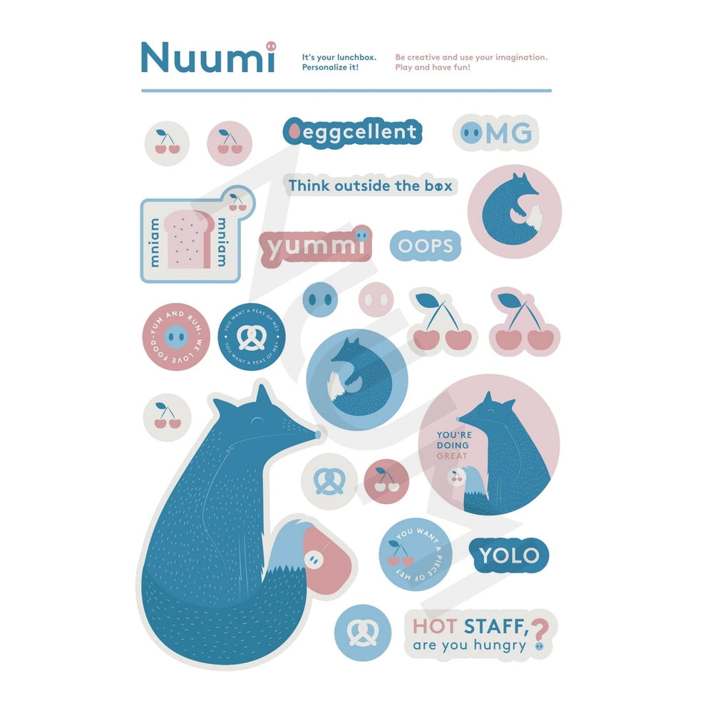Nuumi lunch box with pink stickers and blue accents; BABY ENROUTE sticker sheet included.