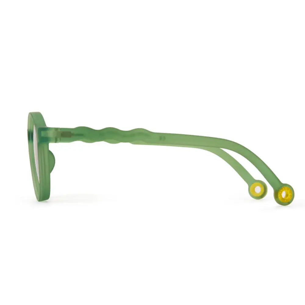 Olivio & Co Oval Sunglasses Kids olive green translucent frame with curved temples and yellow tip accents.