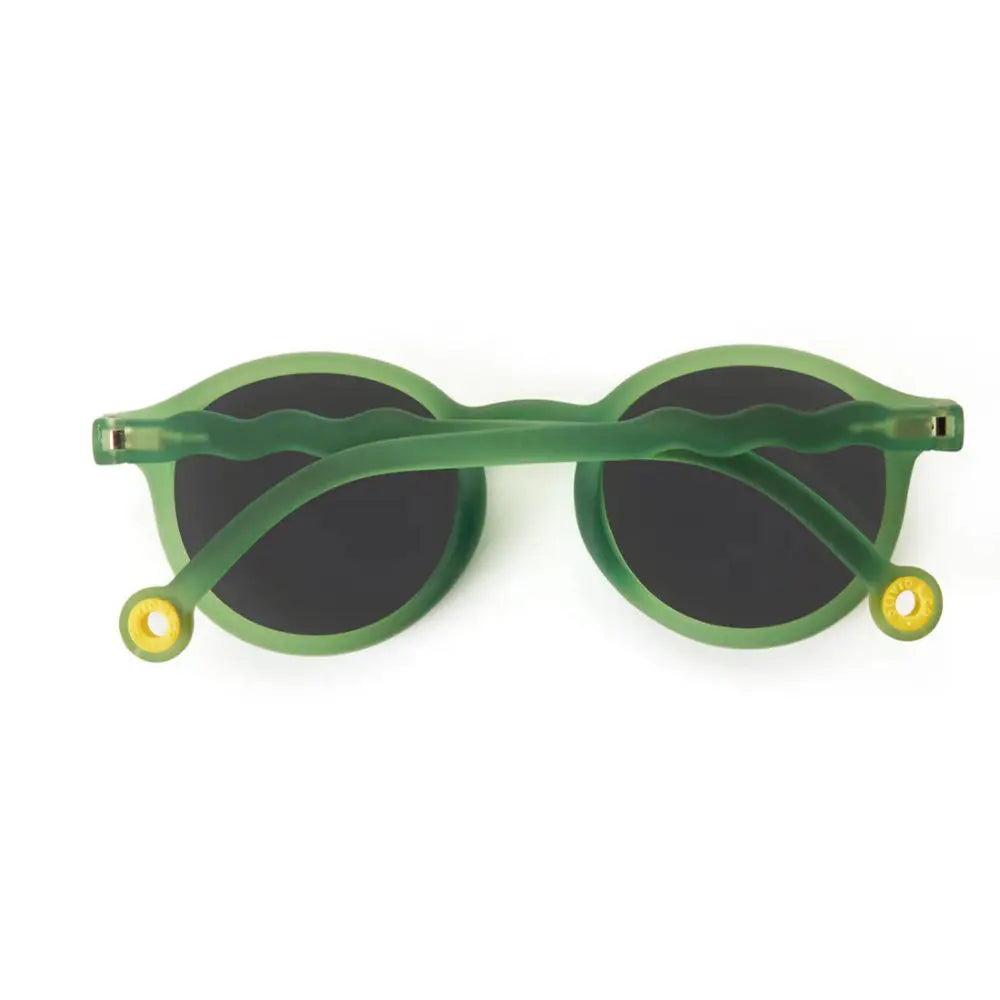 OLIVIO & CO Oval Sunglasses Kids olive green frames with dark lenses; arms cross over front.
