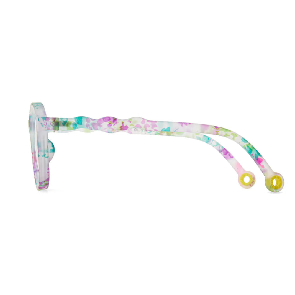 Olivio & Co Oval Sunglasses Kids, pastel Wild Flower print, lightweight plastic frame shown on display.