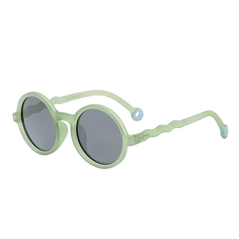 Olivio & Co Round Sunglasses for Kids in light leaf green with gray lenses, featuring wavy grip arms.