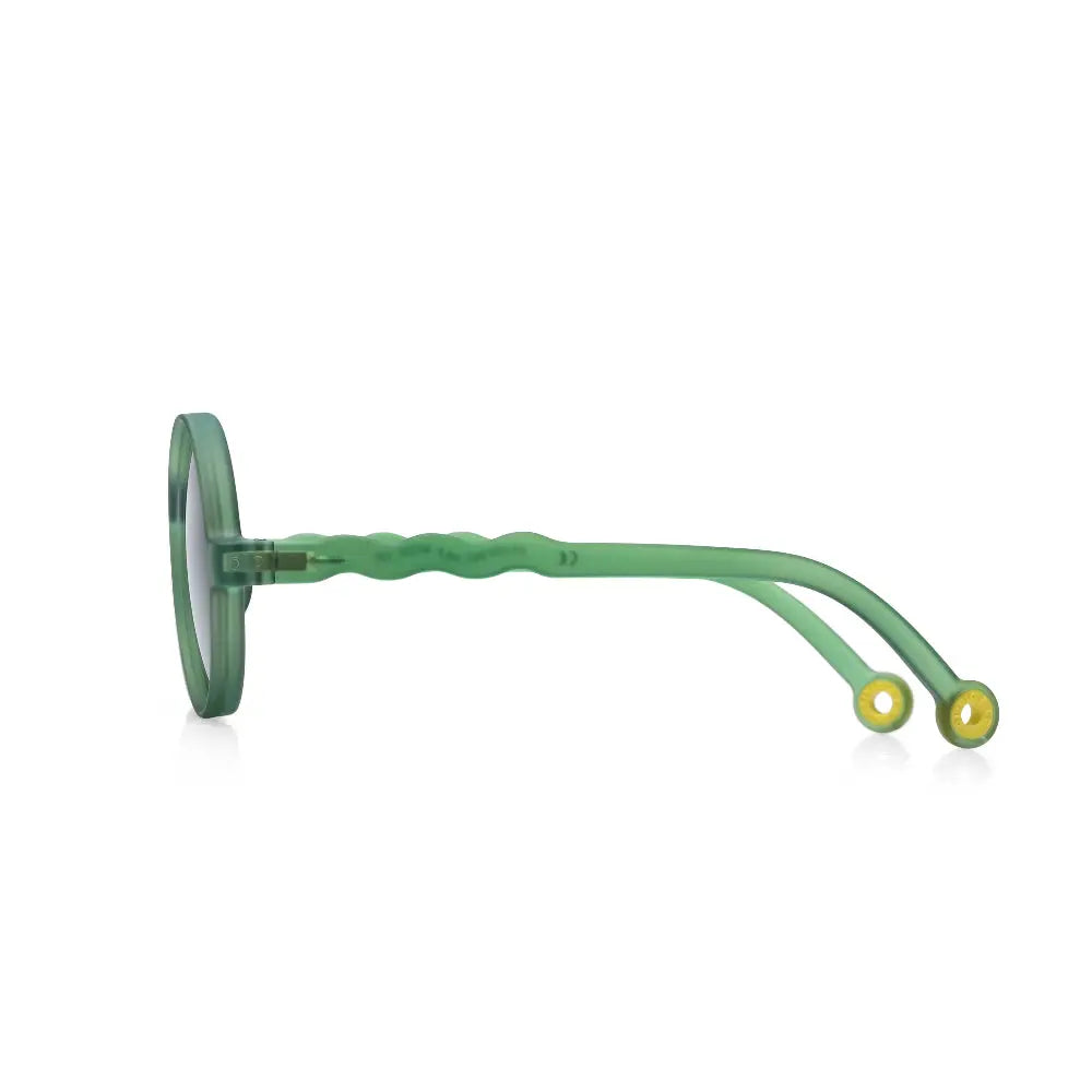 Olivio & Co Round Sunglasses Junior+ Classic Olivio Olive Green, side view shows green frames and yellow temple tips.