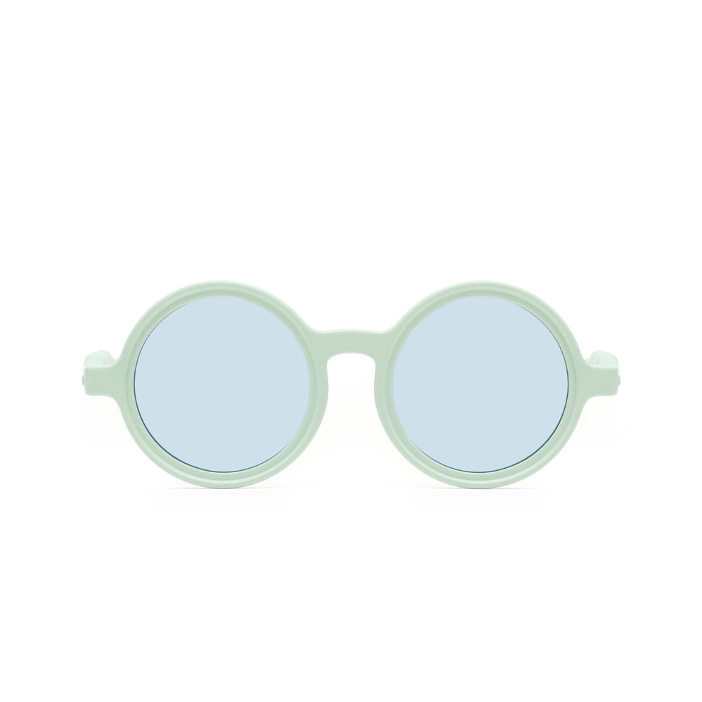Olivio & Co Round Sunglasses Kids, natural light green frame with blue lenses, shown front-on.