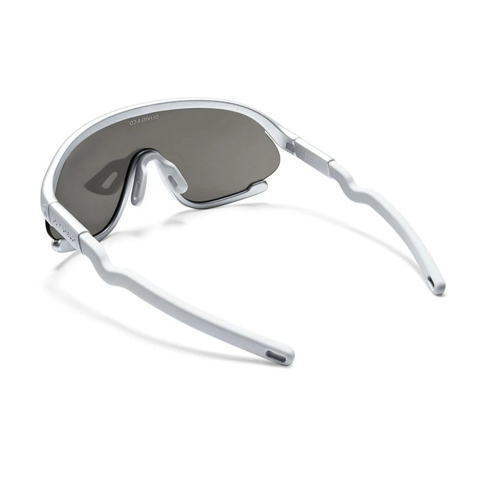 OLIVIO & CO Sport Sunglasses Kids/Junior, space silver full-rim frame with gray lenses in a sporty wraparound style.