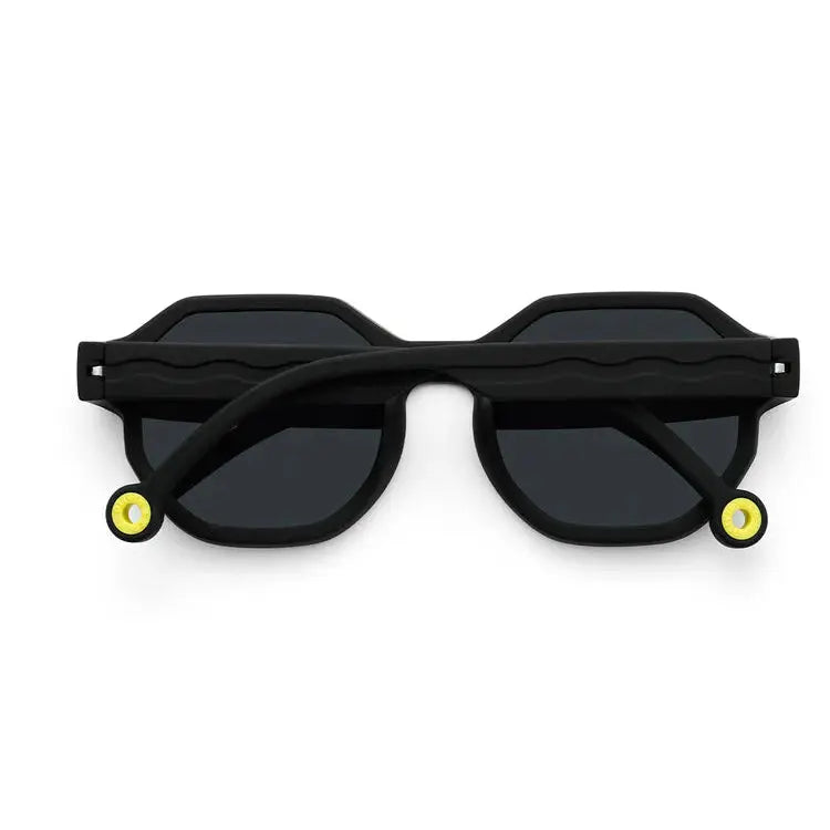 Olivio & Co Square Sunglasses Adult Creative Edition D Squid Black, black frames with yellow ring accents at hinges