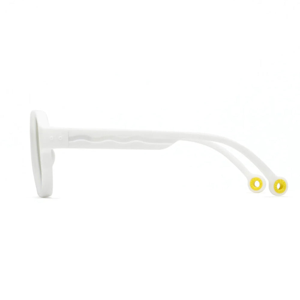 Olivio & Co Square Sunglasses Kids/Junior Creative Edition Cloud White side view, white frame with yellow-tipped temples