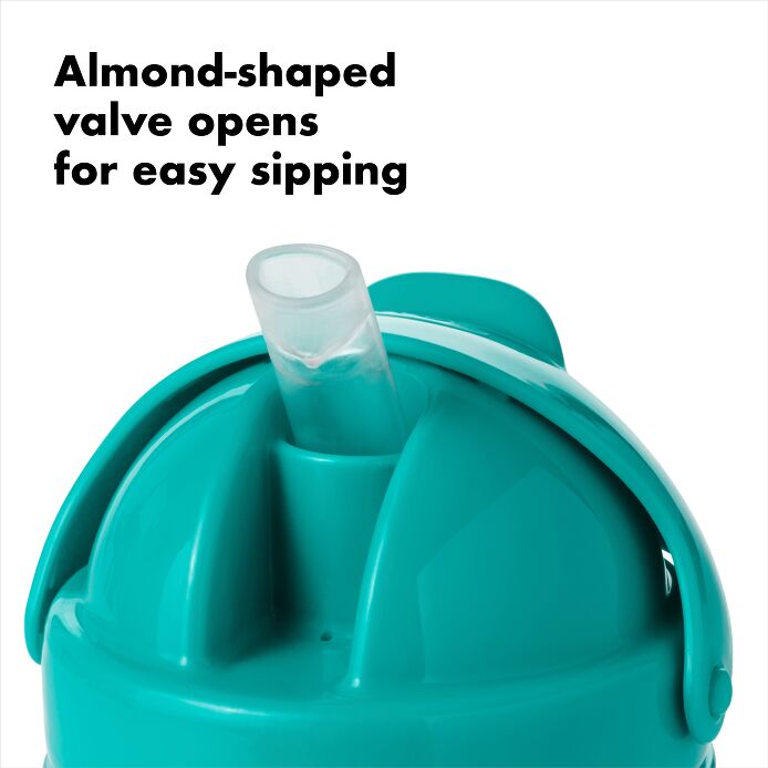 OXO Tot Transitions 9 oz straw cup in teal with almond-shaped valve for easy sipping