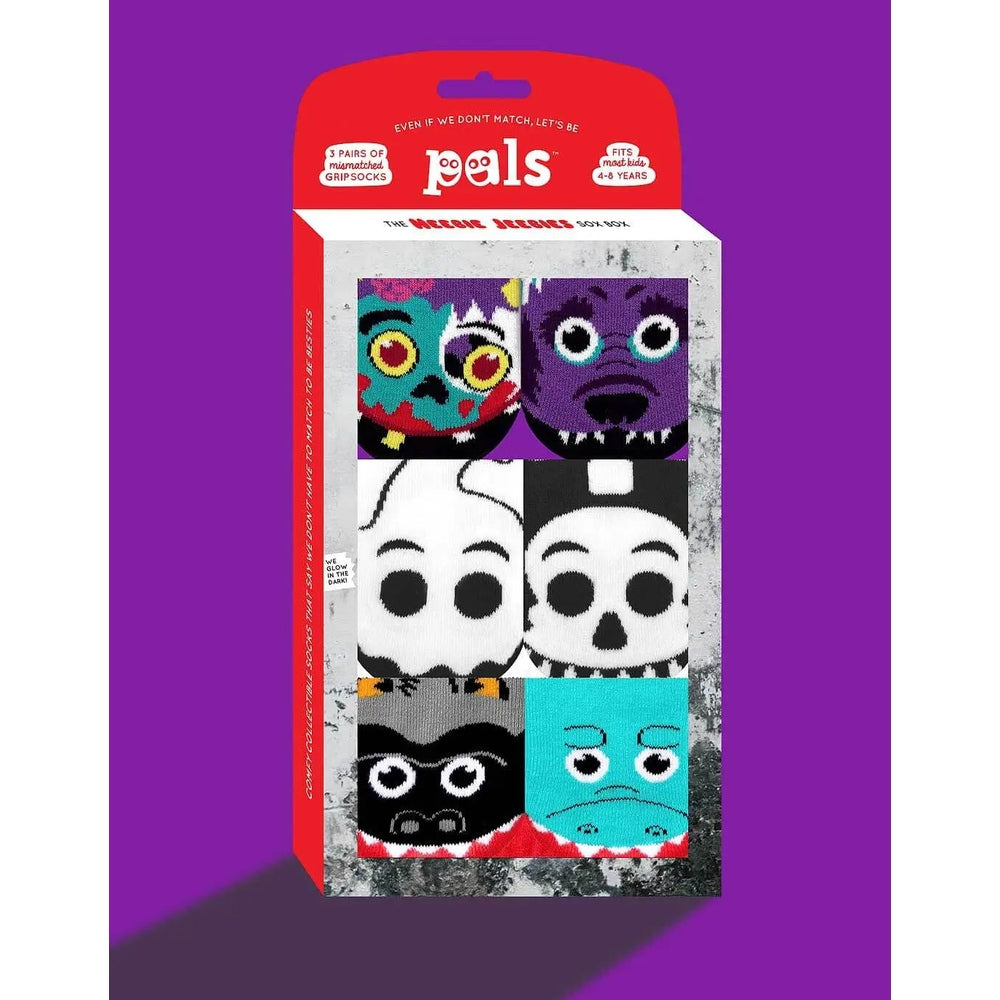 Pals Socks Heebie Jeebies Gift Box with six colorful skull and monster socks neatly arranged on the front panel.