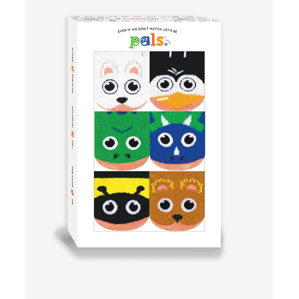 PALS SOCKS Lil Friendies Mismatched Socks Gift Box, six colorful animal-face socks shown in a white display box.