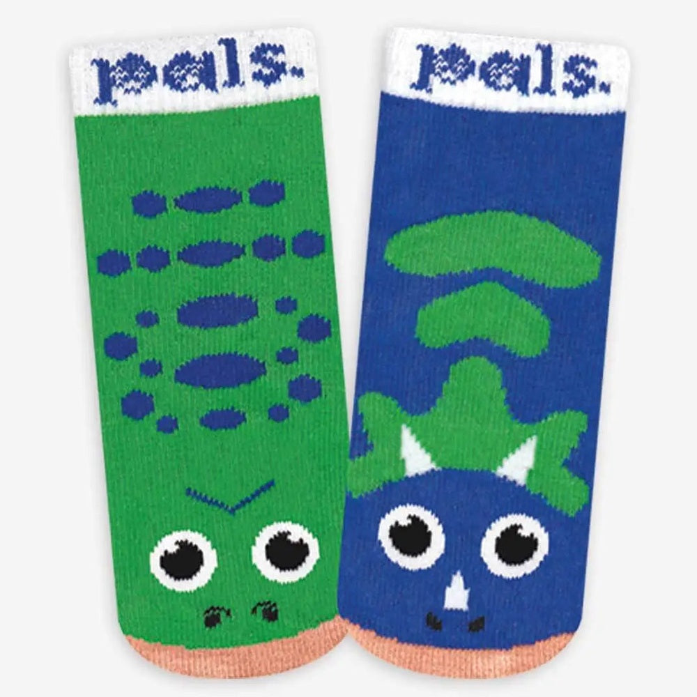 PALS SOCKS Lil Friendies mismatched socks gift box, green and blue knit socks with animal faces shown side by side.