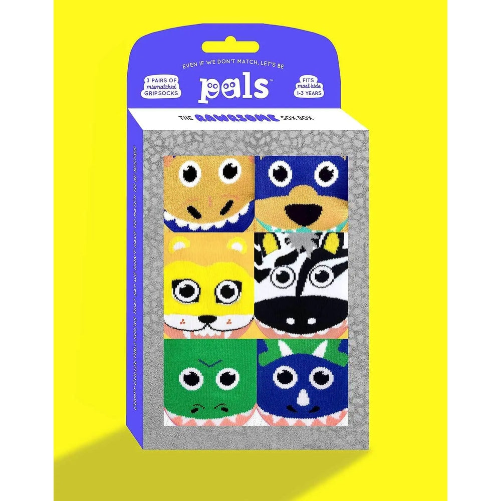 Pals Socks Rawrsome mismatched socks gift box showing six colorful animal-face socks arranged in a grey display box.