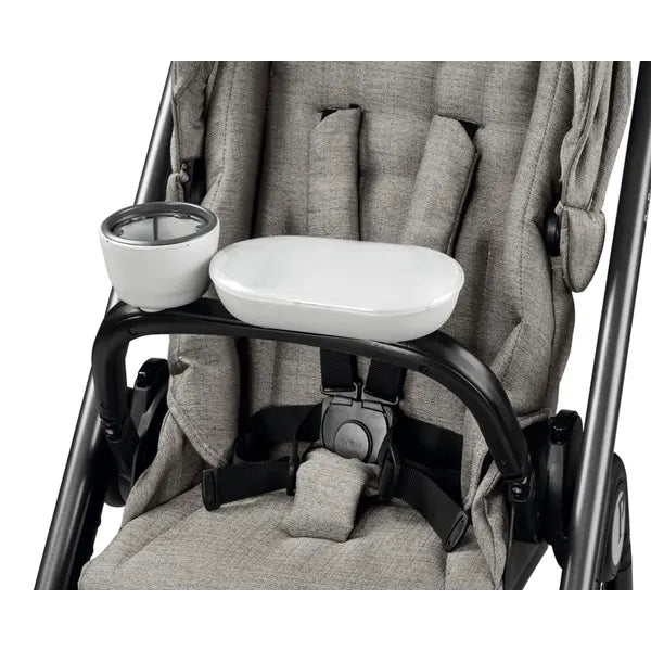 Peg Perego Child's Tray Veloce/Vivace mounted on gray stroller, white tray with cup holder in use.