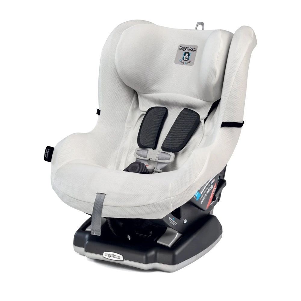 Peg Perego Clima Cover Primo Viaggio All-in-One car seat on base with white fabric and secure harness.
