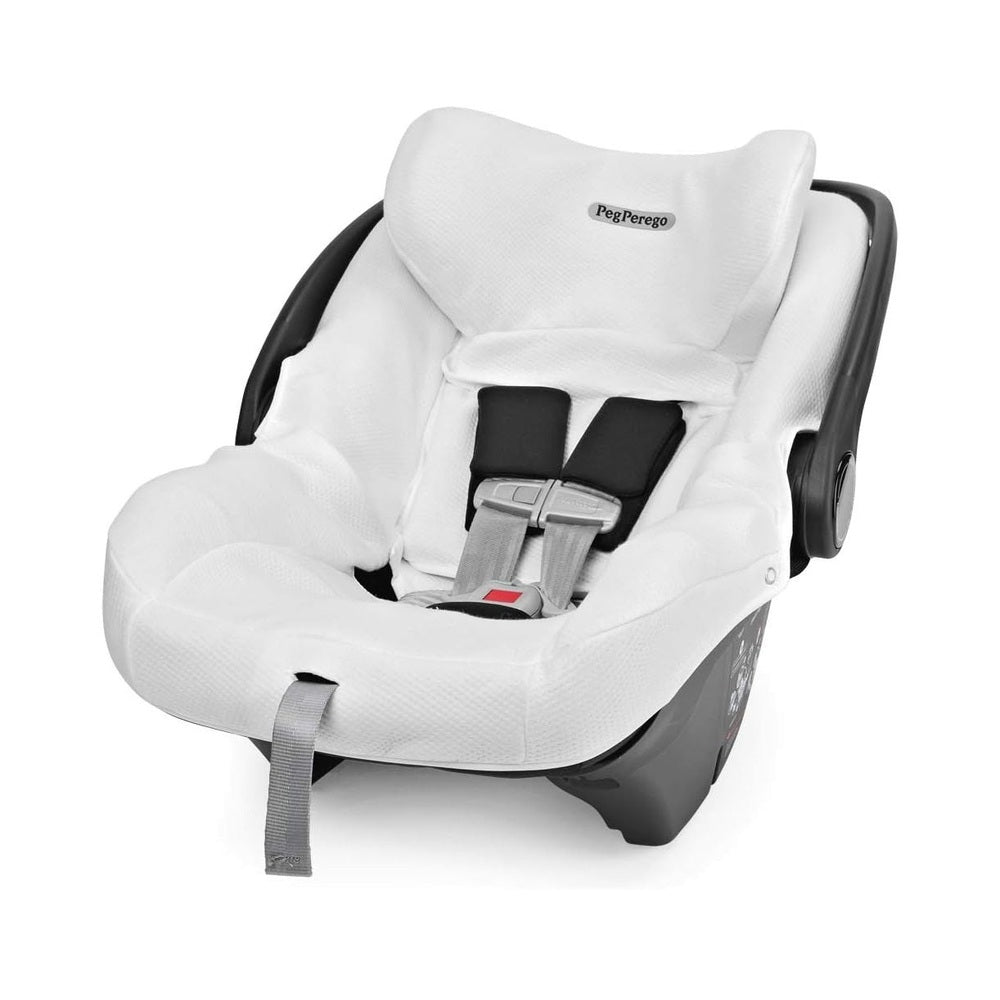 Peg Perego Clima Cover Primo Viaggio-Lounge infant car seat in white with padded headrest and secured 5-point harness.