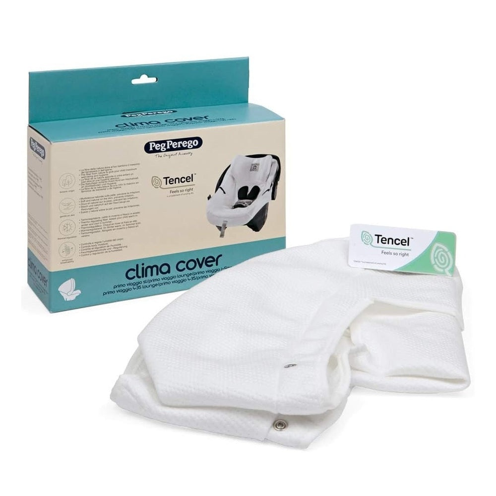 Peg Perego Clima Cover Primo Viaggio-Lounge white car seat cover shown beside the teal box