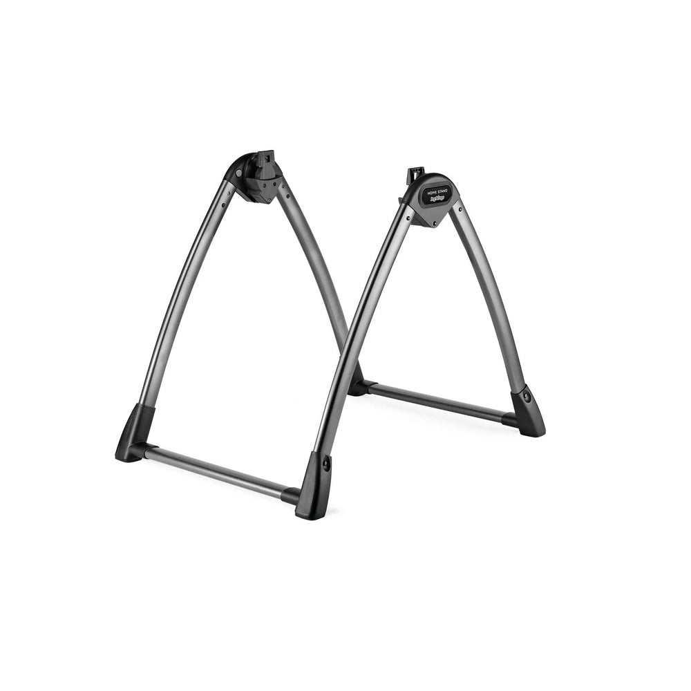 Peg Perego Home Stand YPSI-Veloce-Vivace steel double stroller stand in silver with black feet, ready to hold a stroller.