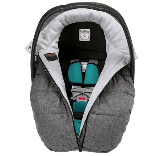 Peg Perego Igloo Car Seat Cover in gray quilted fabric wrapped around a car seat with teal padding for warmth.