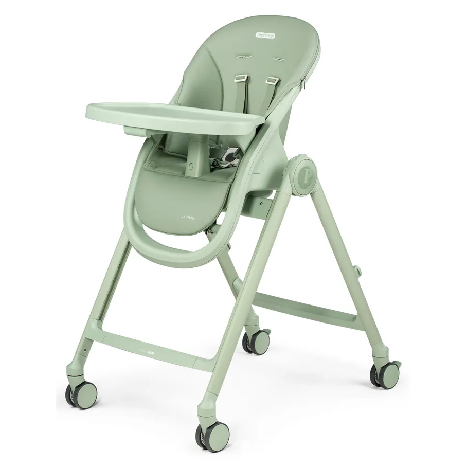Peg Perego Living High Chair in mint green with attached tray and wheeled, adjustable-frame legs.