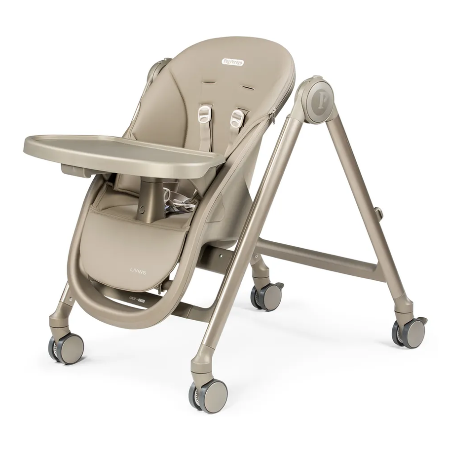 Peg Perego Living High Chair in beige with tray attached and wheeled base.