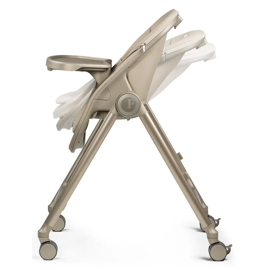 Peg Perego Living High Chair in beige with wheeled legs and adjustable reclining seat.