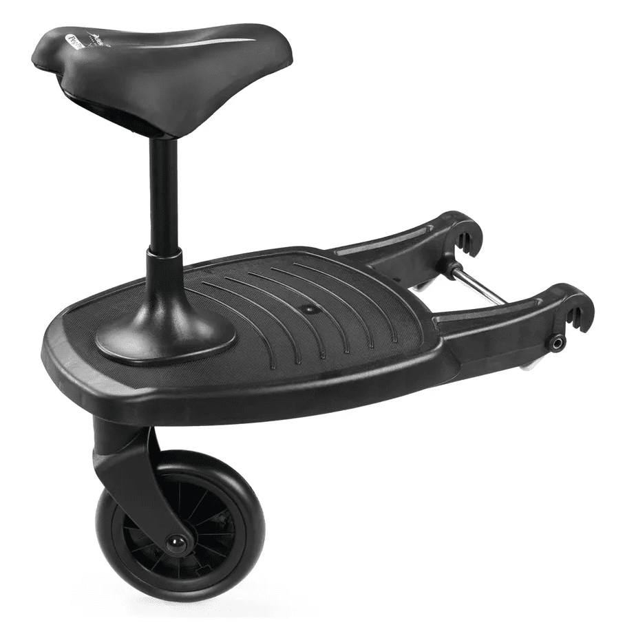 PEG PEREGO Ride with Me Board Veloce & Vivace in black, textured platform with mounted seat and two rear wheels