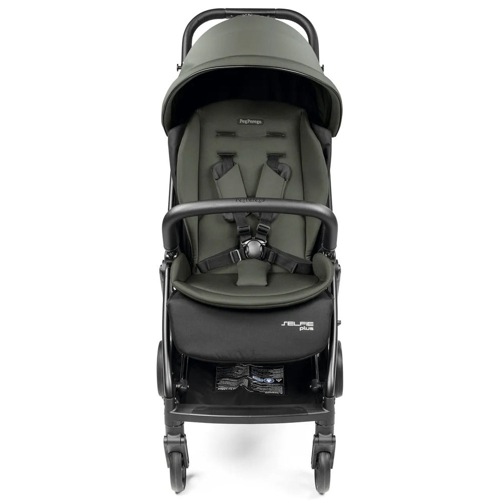 Peg Perego Selfie Plus Stroller in olive green with extended canopy and secured 5-point harness.