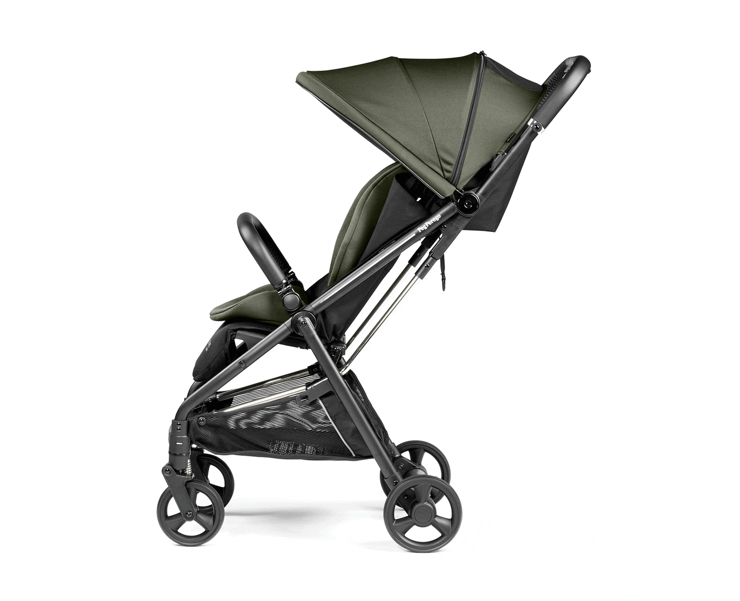 Peg Perego Selfie Plus Stroller in green with black frame, canopy extended and storage basket visible.
