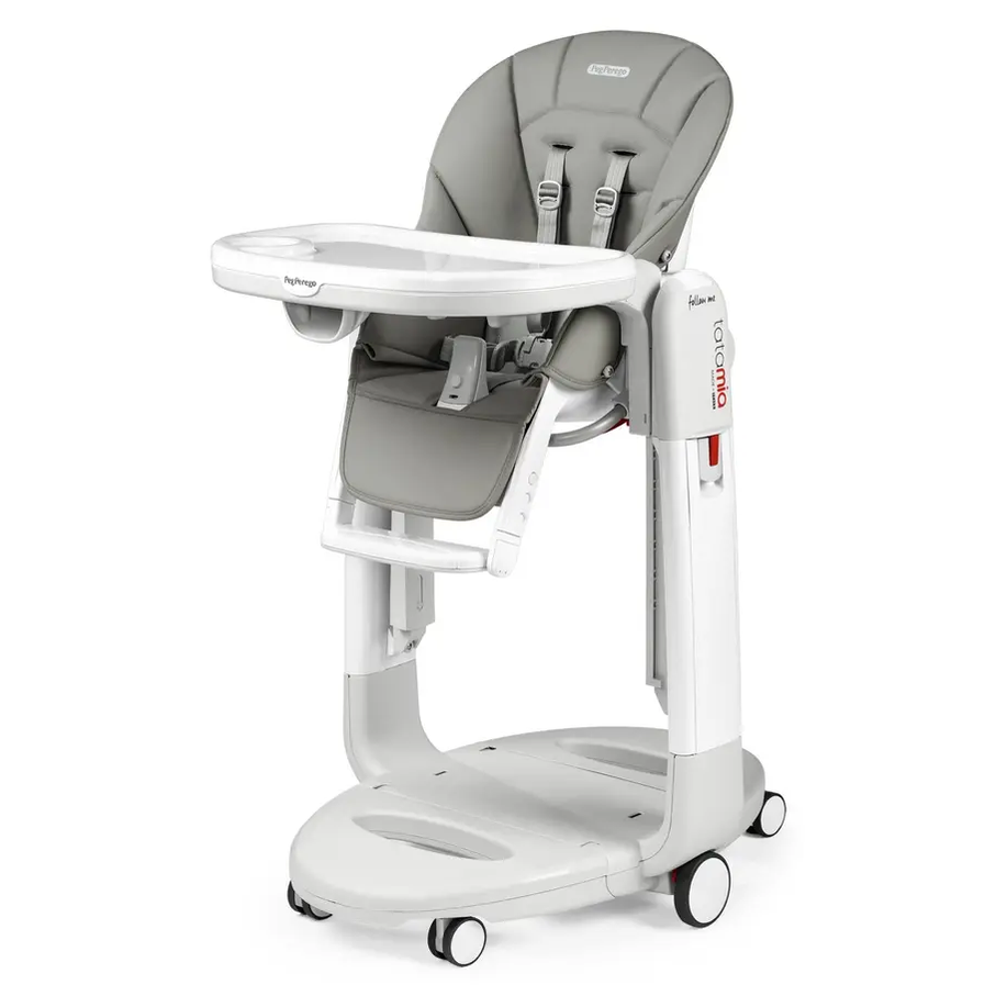 Peg Perego Tatamia High Chair in gray, on a wheeled stand with detachable tray and padded harness.