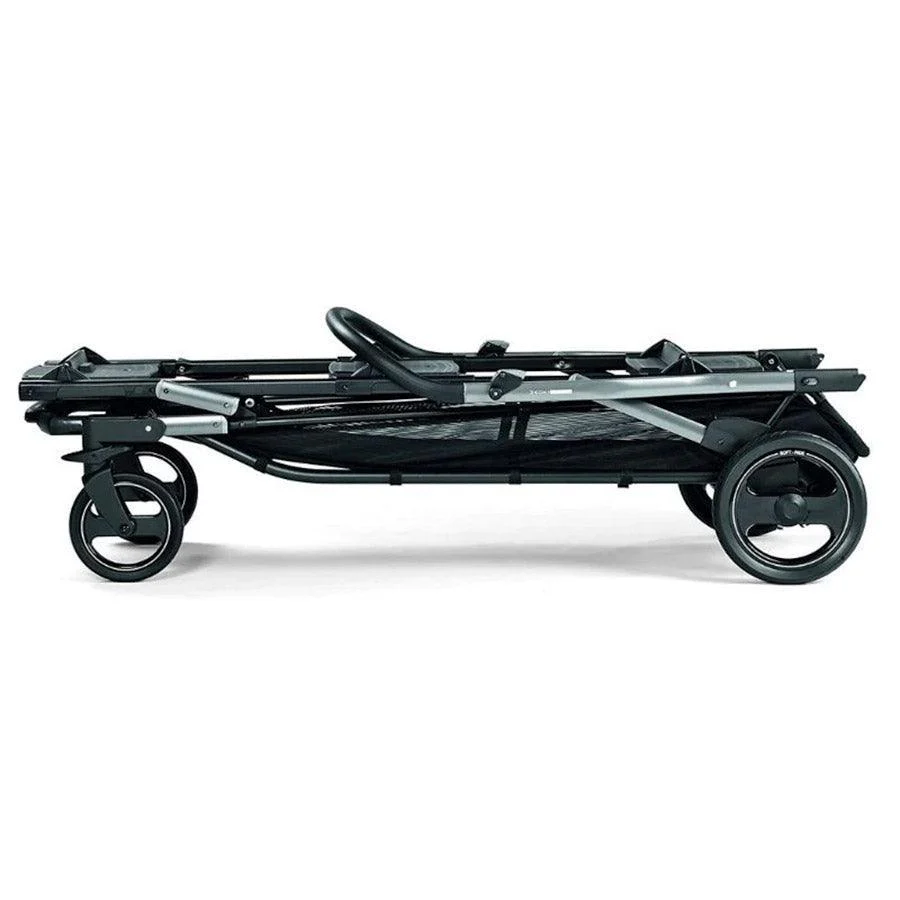Peg Perego Triplette Piroet chassis folded for storage, black/gray metal frame with wheels
