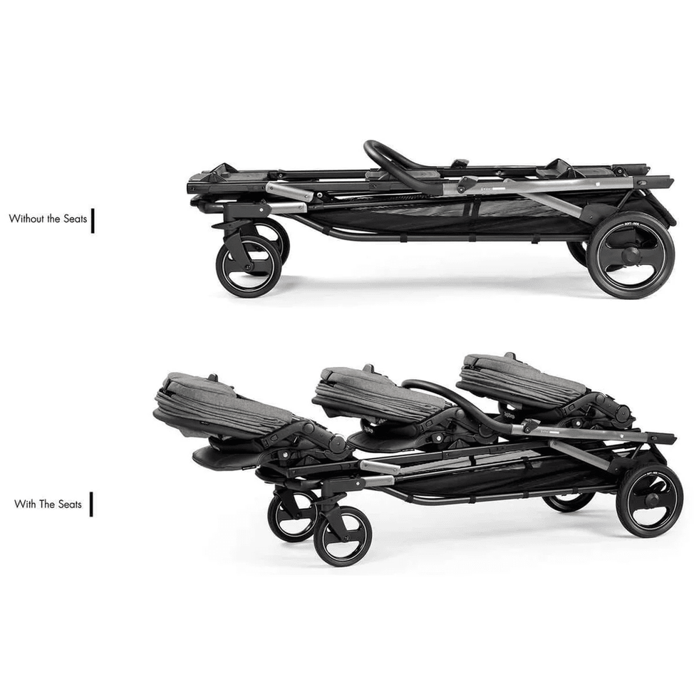 Peg Perego Triplette Piroet chassis in black, shown without seats and with seats attached for versatile baby transport accessory.