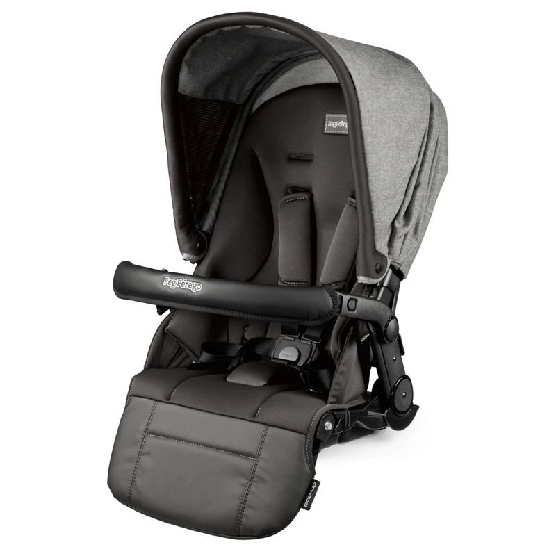 Peg Perego Triplette Piroet seat in gray with sun canopy and 5-point harness, mounted on a stroller.