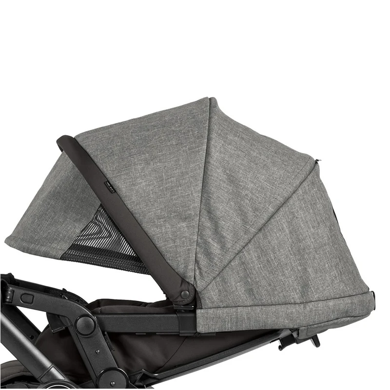 Peg Perego Triplette Piroet seat in grey fabric with black frame, canopy extended over the reclined seat.